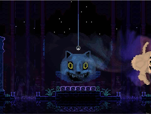Pixel art of a ghost cat in a dark setting
